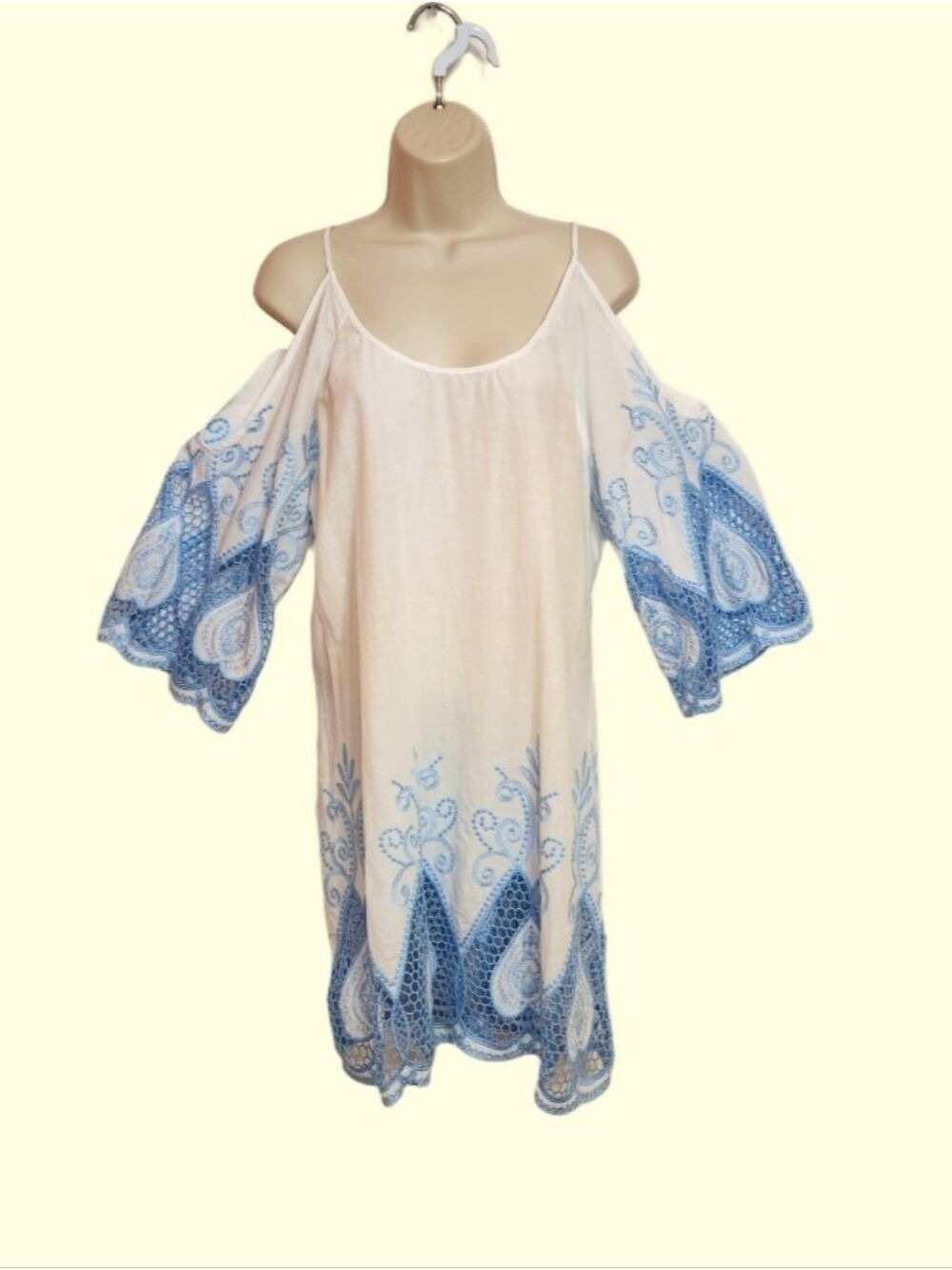Solitaire Cold Shoulder Embroidery Lace Edge Cover Up White Blue Medium